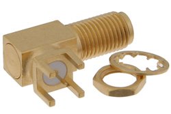 PE44644 - SMA Female Right Angle Bulkhead Mount Connector Solder Attachment Thru Hole PCB, .200 inch x .067 inch Hole Spacing
