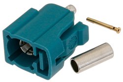 PE44646Z - FAKRA Jack Connector Crimp/Solder Attachment for RG174, RG316, RG188, .100 inch, PE-B100, PE-C100, LMR-100, Water Blue Color