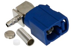 PE44648C - FAKRA Jack Right Angle Connector Crimp/Solder Attachment for RG174, RG316, RG188, .100 inch, PE-B100, PE-C100, LMR-100, Blue Color