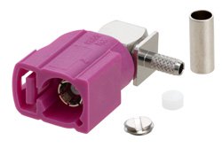 PE44648H - FAKRA Jack Right Angle Connector Crimp/Solder Attachment for RG174, RG316, RG188, .100 inch, PE-B100, PE-C100, LMR-100, Violet Color