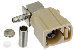 PE44648I - FAKRA Jack Right Angle Connector Crimp/Solder Attachment for RG174, RG316, RG188, .100 inch, PE-B100, PE-C100, LMR-100, Beige Color