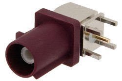 PE44651D - FAKRA Plug Right Angle Connector Solder Attachment Thru Hole PCB, Bordeaux Color