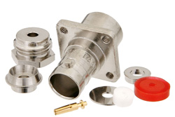 PE44652 - 75 Ohm BNC Female Connector Clamp/Solder Attachment 4 Hole Flange For RG179, RG187, .500 inch Threaded Hole Spacing