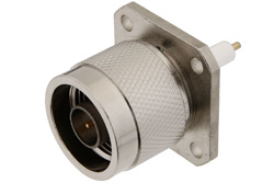 PE44653 - N Male Connector Solder Attachment 4 Hole Flange Mount Pin Terminal, .718 inch Hole Spacing, .050 inch Diameter