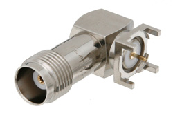 PE44659 - TNC Female Right Angle Connector Solder Attachment Thru Hole PCB, .380 inch x .083 inch Hole Spacing