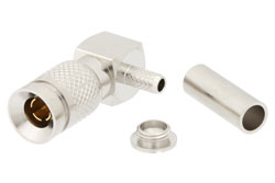 PE44783 - 1.0/2.3 Plug Right Angle Connector Crimp/Solder Attachment For RG316-DS, RG188-DS