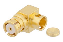 PE44908 - SMP Female Right Angle Connector Solder Attachment for PE-SR405AL, PE-SR405FL, PE-SR405FLJ, PE-SR405TN, RG405, Chamfered Body