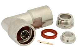 PE4502 - 75 Ohm N Male Right Angle Connector Clamp/Solder Attachment for RG11, RG144, RG216