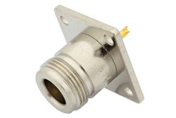 PE4503 - 75 Ohm N Female Connector Solder Attachment 4 Hole Flange Mount Solder Cup Terminal, .718 inch Hole Spacing