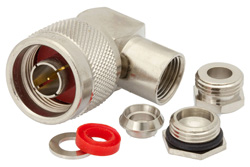 PE45160 - N Male Right Angle Connector Clamp/Solder Attachment for RG188-DS, RG316-DS