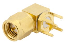 PE4526 - SMA Male Right Angle Connector Solder Attachment Thru Hole PCB, .200 inch x .067 inch Hole Spacing