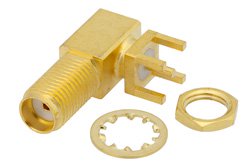 PE4545 - SMA Female Right Angle Bulkhead Mount Connector Solder Attachment Thru Hole PCB, .235 inch D Hole