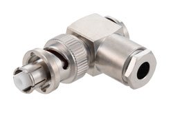 PE45849 - SHV Plug Right Angle Connector Clamp/Solder Attachment for RG58, RG142, RG400, LMR-195, LMR-195-FR, LMR-195-UF, LMR-LW195, PE-C195, RG141