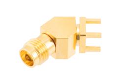 PE45998 - 2.4mm Female PCB Mount Connector, 45 Degree angle with round contact 0.04 inches diameter, 50GHz VSWR1.35