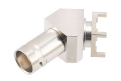 PE46001 - BNC Female PCB Mount Connector, 45 Degree angle with round contact 0.0394 inches diameter, 4GHz VSWR1.2