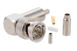 PE4610 - 75 Ohm BNC Male Right Angle Connector Crimp/Solder Attachment for RG179, RG187