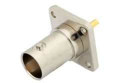 PE4617 - 75 Ohm BNC Female Connector Solder Attachment 4 Hole Flange Mount Solder Cup Terminal, .500 inch Threaded Hole Spacing