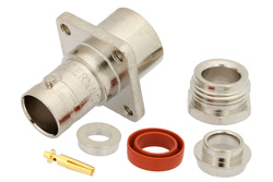 PE4623 - 75 Ohm BNC Female Connector Clamp/Solder Attachment 4 Hole Flange Mount for RG59B/U, RG62, RG71, .500 inch Threaded Hole Spacing