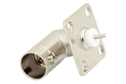 PE4628 - 75 Ohm BNC Female Right Angle Connector Solder Attachment 4 Hole Flange Solder Cup Terminal, .531 inch Hole Spacing