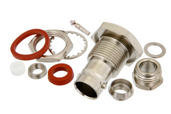 PE4637 - 75 Ohm BNC Female Bulkhead Mount Connector Clamp/Solder Attachment for RG59B/U, RG62, RG71, .480 inch D Hole