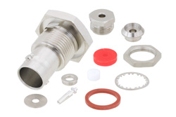 PE4639 - 75 Ohm BNC Female Bulkhead Connector Clamp/Solder Attachment For RG179, RG187, .480 inch D Hole