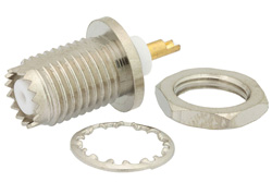 PE4644 - Mini UHF Female Bulkhead Connector Solder Attachment Solder Cup Terminal, .350 inch D Hole, Rear Mount