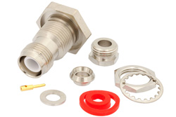 PE4694 - RP-TNC Female Bulkhead Mount Connector Clamp/Solder Attachment for RG58, RG142, RG223, RG400, RG141, RG303, RG55, PE-C195, .480 inch D Hole