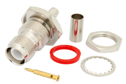 PE4695 - RP TNC Female Bulkhead Connector Crimp/Solder Attachment For RG55, RG141, RG142, RG223, RG400, .480 inch D Hole