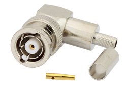 PE4729 - RP BNC Male Right Angle Connector Crimp/Solder Attachment For RG55, RG141, RG142, RG223, RG400