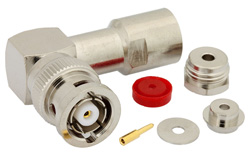 PE4732 - RP BNC Male Right Angle Connector Clamp/Solder Attachment For RG174, RG316, RG188