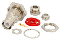 PE4746 - RP BNC Female Bulkhead Connector Clamp/Solder Attachment For RG55, RG58, RG141, RG142, RG223, RG400, .480 inch D Hole