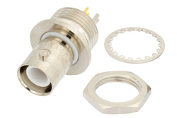 PE4764 - RP BNC Female Bulkhead Mount Isolated Ground Connector Solder Attachment Solder Cup Terminal, .480 inch D Hole