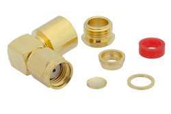 PE4780 - RP SMA Male Right Angle Connector Clamp/Solder Attachment For RG58, RG55, RG141, RG142, RG223, RG400