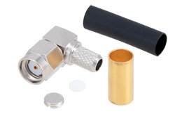PE4782 - RP-SMA Male Right Angle Connector Solder Attachment for RG58, RG55, RG141, RG142, RG223, RG400