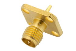PE4866 - RP SMA Female Connector Solder Attachment 4 Hole Flange Mount Solder Cup Terminal, .340 inch Hole Spacing