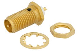 PE4868 - RP SMA Female Bulkhead Connector Solder Attachment Solder Cup Terminal, .235 inch D Hole, .150 inch Max Panel