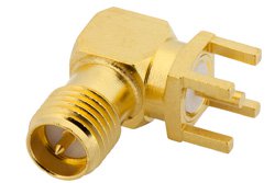 PE4870 - RP SMA Female Right Angle Connector Solder Attachment Thru Hole PCB, .200 inch x .067 inch Hole Spacing