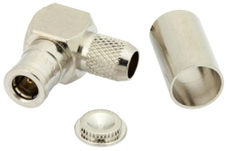 PE4996 - 75 Ohm Mini SMB Plug Right Angle Connector Crimp/Solder Attachment for RG59B/U, RG62, RG71