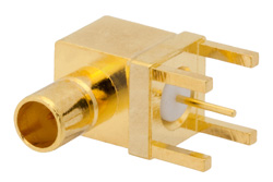 PE4998 - 75 Ohm Mini SMB Jack Right Angle Connector Solder Attachment Thru Hole PCB, .200 inch x .055 inch Hole Spacing