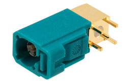PE51692 - FAKRA Jack Right Angle Commercial Grade Connector Solder Attachment Thru Hole PCB, Water Blue Color