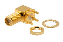 PE51711 - SMA Female Right Angle Bulkhead Mount Commercial Grade Connector Solder Attachment Thru Hole PCB