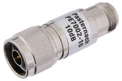 PE7002-10 - 10 dB Fixed Attenuator, N Male to N Female Brass Nickel Body Rated to 1 Watt Up to 3 GHz
