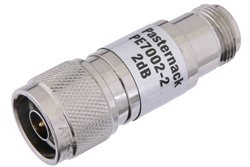 PE7002-2 - 2 dB Fixed Attenuator, N Male to N Female Brass Nickel Body Rated to 1 Watt Up to 3 GHz