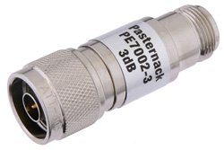 PE7002-3 - 3 dB Fixed Attenuator, N Male to N Female Brass Nickel Body Rated to 1 Watt Up to 3 GHz