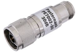 PE7002-30 - 30 dB Fixed Attenuator, N Male to N Female Brass Nickel Body Rated to 1 Watt Up to 3 GHz
