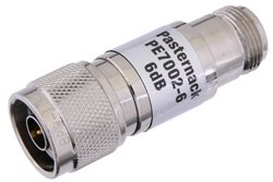 PE7002-6 - 6 dB Fixed Attenuator, N Male to N Female Brass Nickel Body Rated to 1 Watt Up to 3 GHz