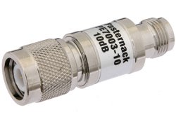 PE7003-10 - 10 dB Fixed Attenuator, TNC Male to TNC Female Brass Nickel Body Rated to 1 Watt Up to 2 GHz