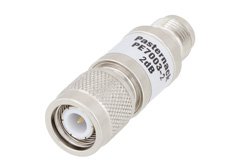 PE7003-2 - 2 dB Fixed Attenuator, TNC Male to TNC Female Brass Nickel Body Rated to 2 Watts Up to 2 GHz