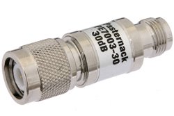 PE7003-30 - 30 dB Fixed Attenuator, TNC Male to TNC Female Brass Nickel Body Rated to 1 Watt Up to 2 GHz