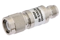 PE7003-40 - 40 dB Fixed Attenuator, TNC Male to TNC Female Brass Nickel Body Rated to 1 Watt Up to 2 GHz